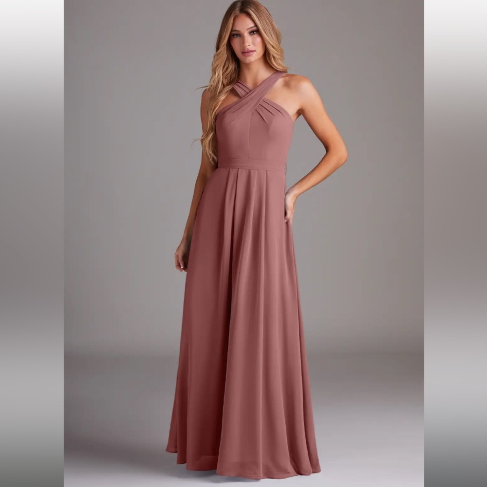 Azazie Dixie Desert Rose Bridesmaid Pink Long Formal Halter Dress